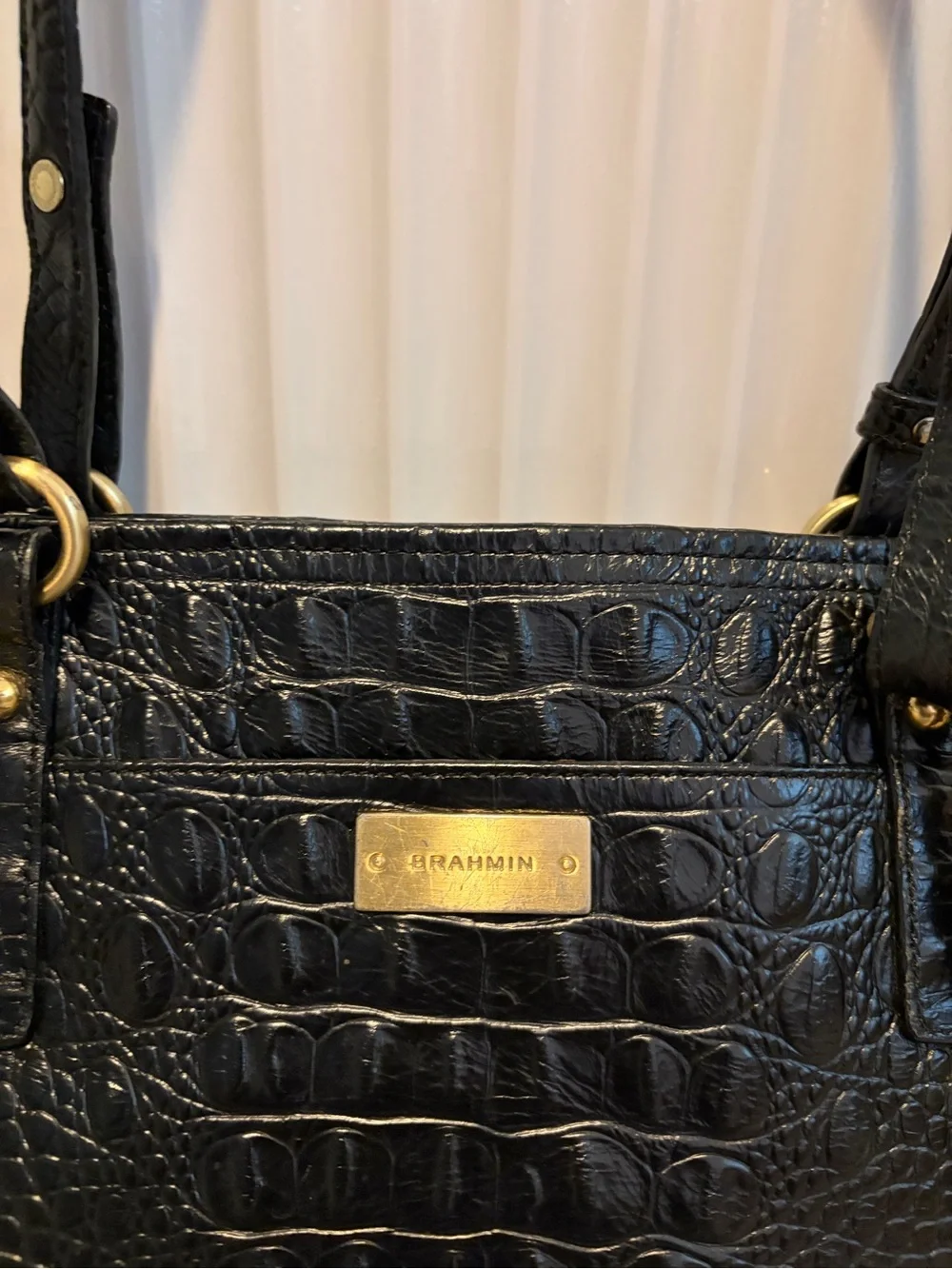 Brahmin Black Croc Embossed Leather Tote Bag Shoulder Purse Gold Hardware Large - Picture 5 of 15